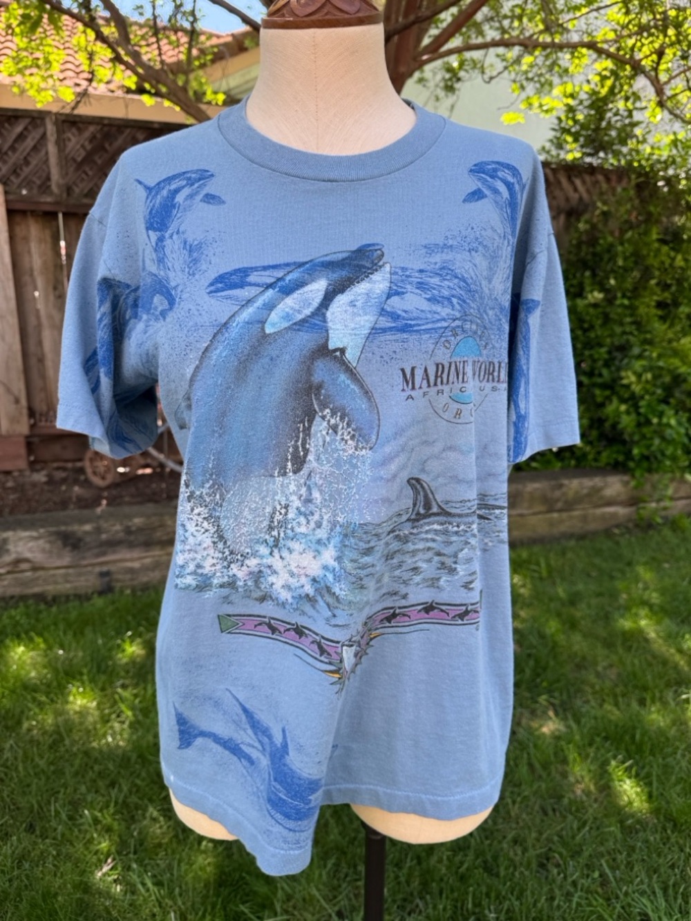 Vintage 90's Marine World Orca 2 Sided Graphic Tee Dusty Blue Men's Size Medium